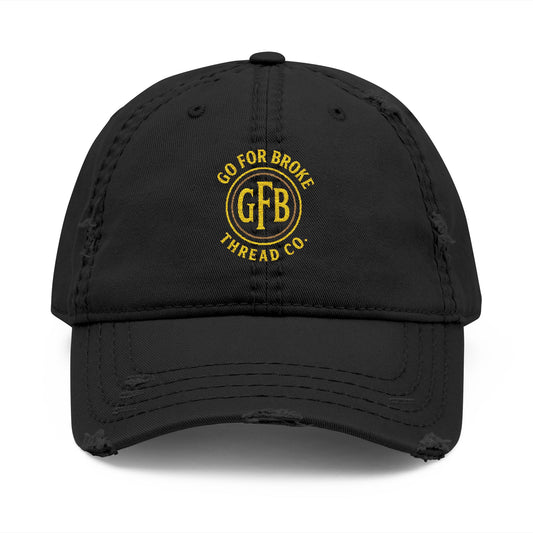 Distressed Embroidered Dad Hat — "Go For Broke" Yellow Logo